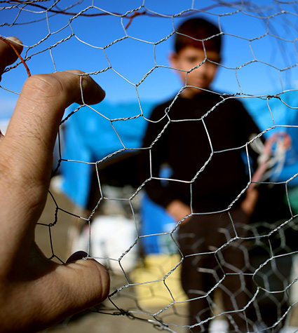 young boy refugee behind chainlink fence